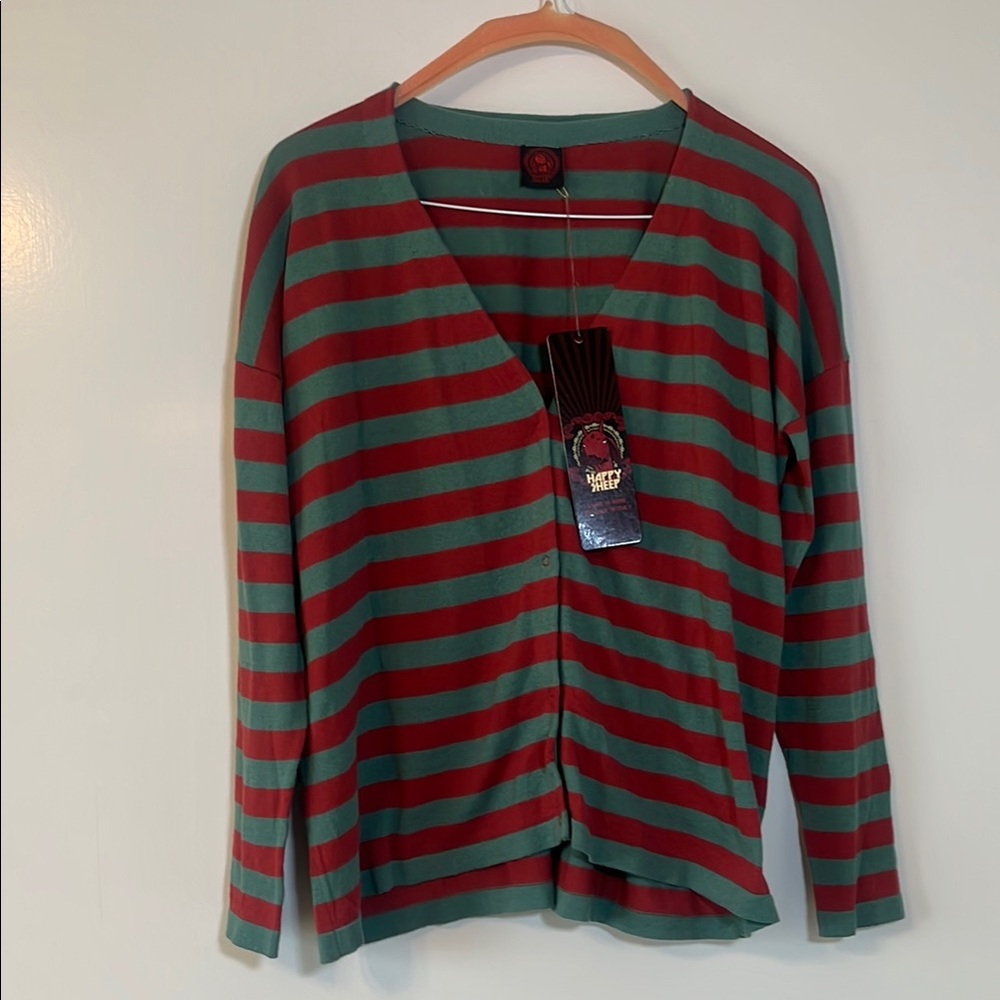 Striped Red and Green Cotton Cardigan XS
